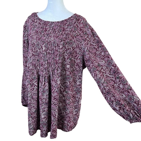 LANDS’ END Burgundy Floral Pleated Tunic Top Womens Boho Peasant Lagenlook Sz 1X - Picture 4 of 12